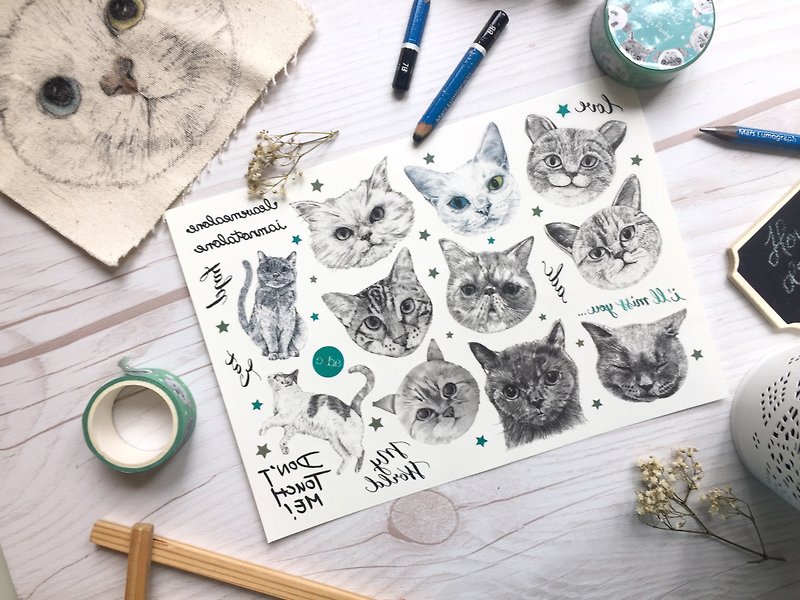 adc｜party animals｜calligraphy｜tattoo sticker（cat） - สติ๊กเกอร์แทททู - กระดาษ สีดำ