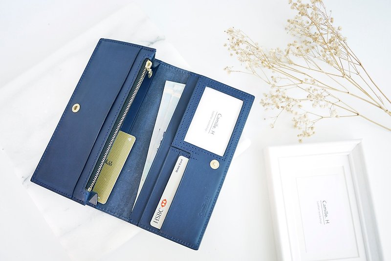 Cyan blue simple long clip 9 cards丨Customized typing丨Wallet丨Commemorative gift - Wallets - Genuine Leather Blue