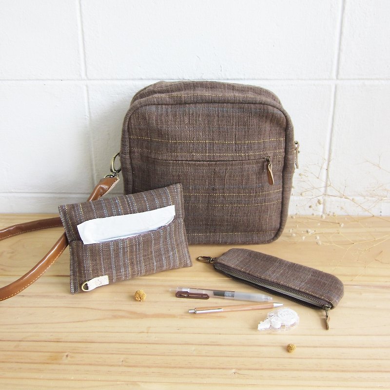 Goody Bag / A Set of Cross-body Bags Little Tan Extra Bag with Tissue Paper Case and Pencil Bag in Brown-Blue Color Cotton - 側背包/斜背包 - 棉．麻 咖啡色