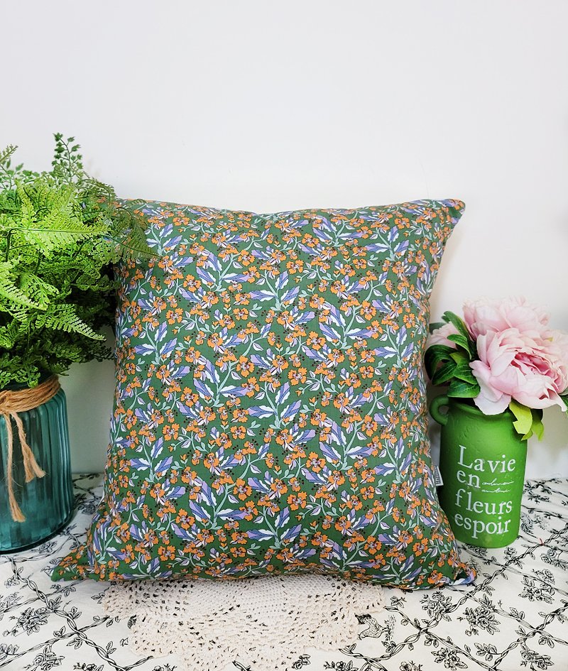 北歐風格綠色橘色花抱枕靠枕靠墊枕套 - 枕頭/咕𠱸 - 棉．麻 綠色