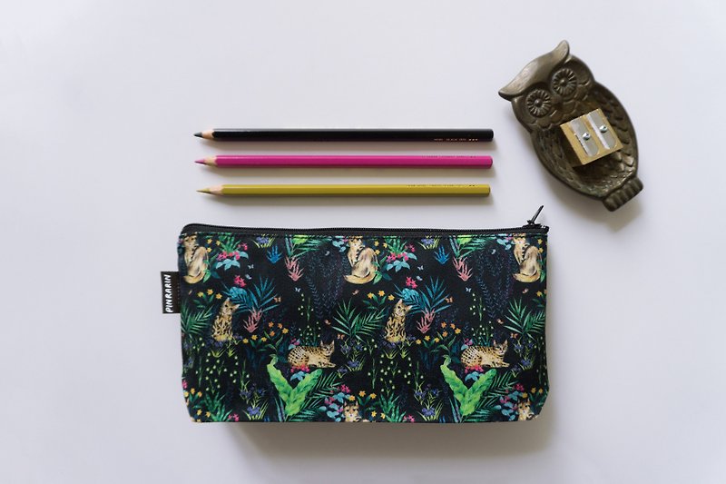 聚酯纖維 鉛筆盒/筆袋 多色 - Cat zipper accessories pouch / Stationery pencil case - Black