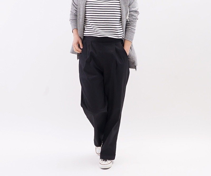 The comfort stretch tuck pants behind waist with rubber pocket / Black bo2-14 - กางเกงขายาว - ผ้าฝ้าย/ผ้าลินิน สีดำ