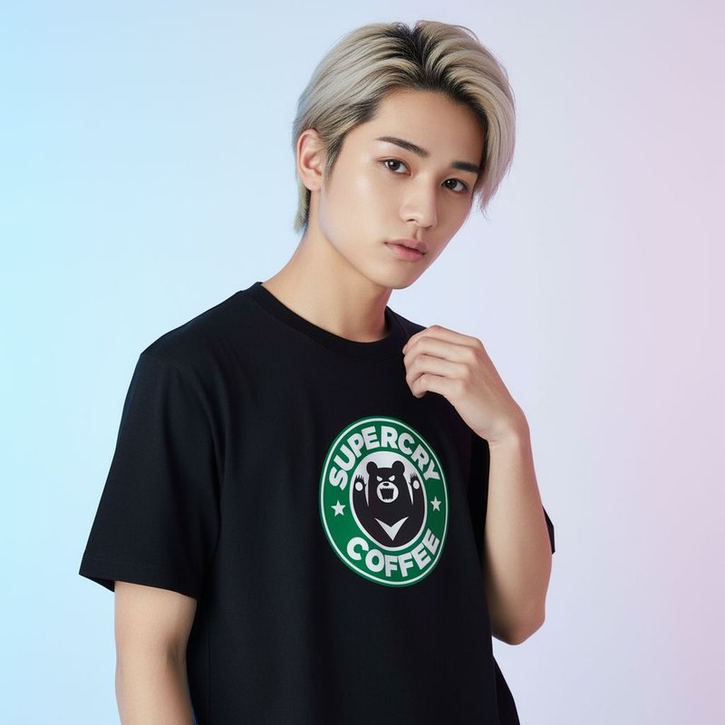 Supercry Coffee 可愛黑熊 中性短袖T恤 026 - 男 T 恤 - 棉．麻 白色