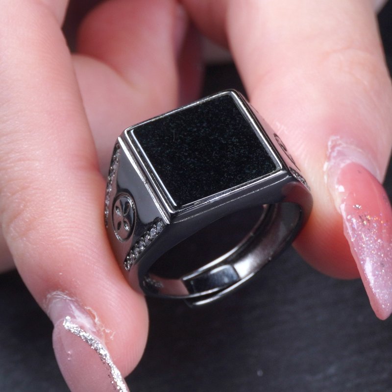 墨翠翡翠無事牌戒指 925純銀 | 天然緬甸玉A貨翡翠 | 送禮 - 戒指 - 玉石 黑色