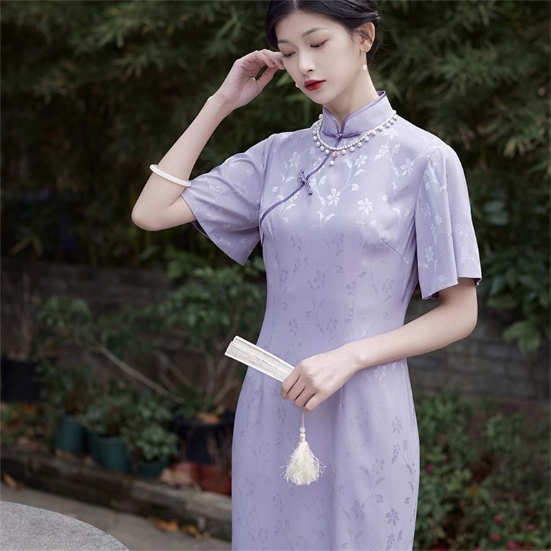 Fuchsia purple short-sleeved improved cheongsam summer slim girl young style retro dress - Qipao - Polyester Purple