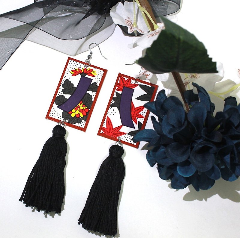 Hanafuda earrings / Blue ribbon - Earrings & Clip-ons - Paper 