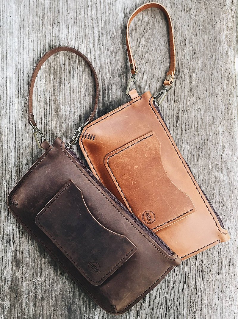 Leather Pouch, Phone Wallet, Zip Pouch, Clutch, Wrist Pouch, Leather Purse - Wallets - Genuine Leather Brown