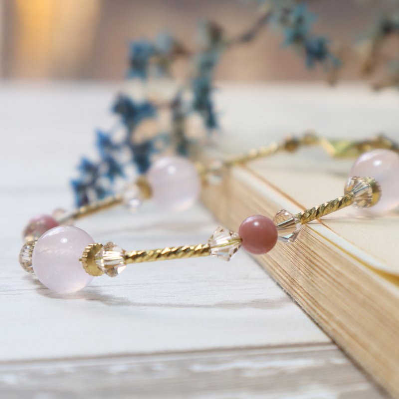 Warm yellow Bronze rose quartz bracelet / Stone Roses / Swarovski Crystal / Tanabata gift customized - สร้อยข้อมือ - ทองแดงทองเหลือง สึชมพู
