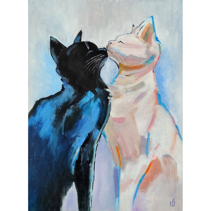 Couple Cats Painting, Kitten Original Art, Romantic Pet Portrait, 手工油畫, 油畫原作 - 海報/掛畫/掛布 - 其他材質 多色