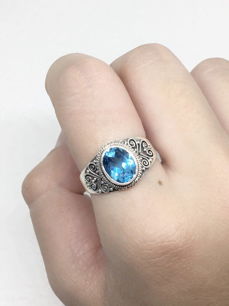 藍托帕石925純銀重工典雅戒指 尼泊爾手工鑲嵌製作(款式2) - 戒指 - 寶石 藍色