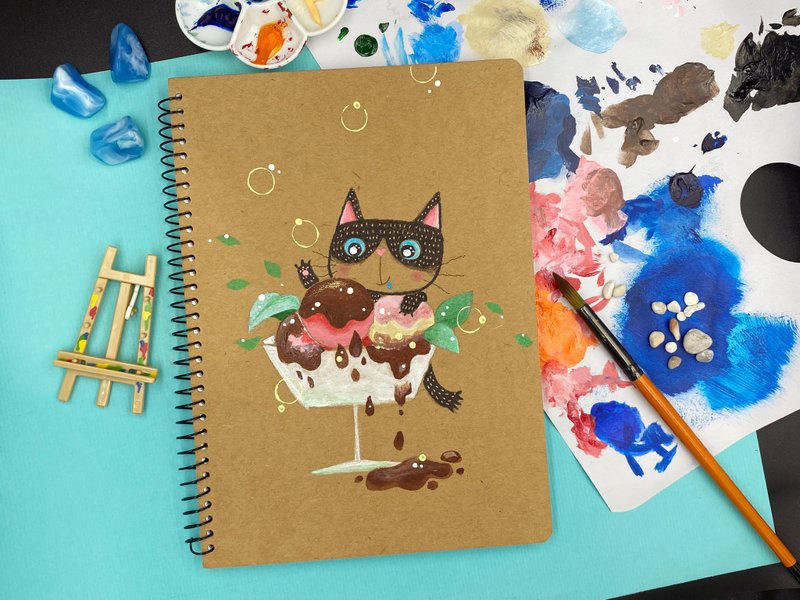 Hand-painted meow notebook/A5 blank coil/kraft paper cover - สมุดบันทึก/สมุดปฏิทิน - กระดาษ สีกากี