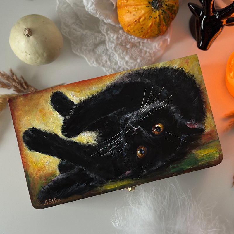Hand painted wooden box Black Cat, Storage box with lock, Big wooden Jewelry box - 居家收納/收納盒/儲物盒 - 木頭 咖啡色
