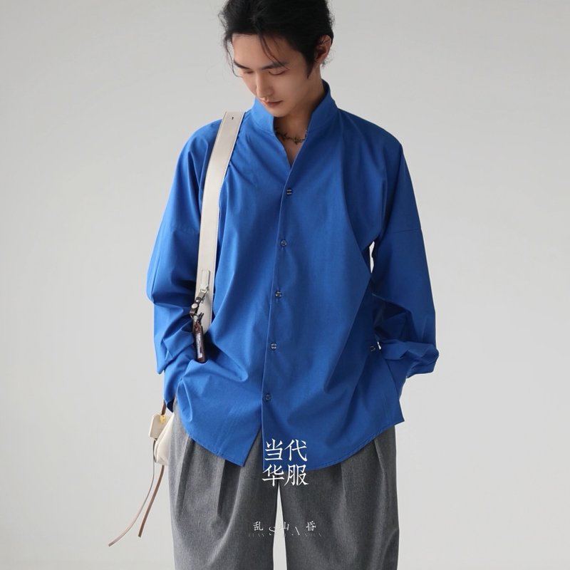 亂山昏 新中式國風原創立領束袖輕薄寬鬆通勤日常長袖襯衫漢服男 - 男襯衫/休閒襯衫 - 聚酯纖維 