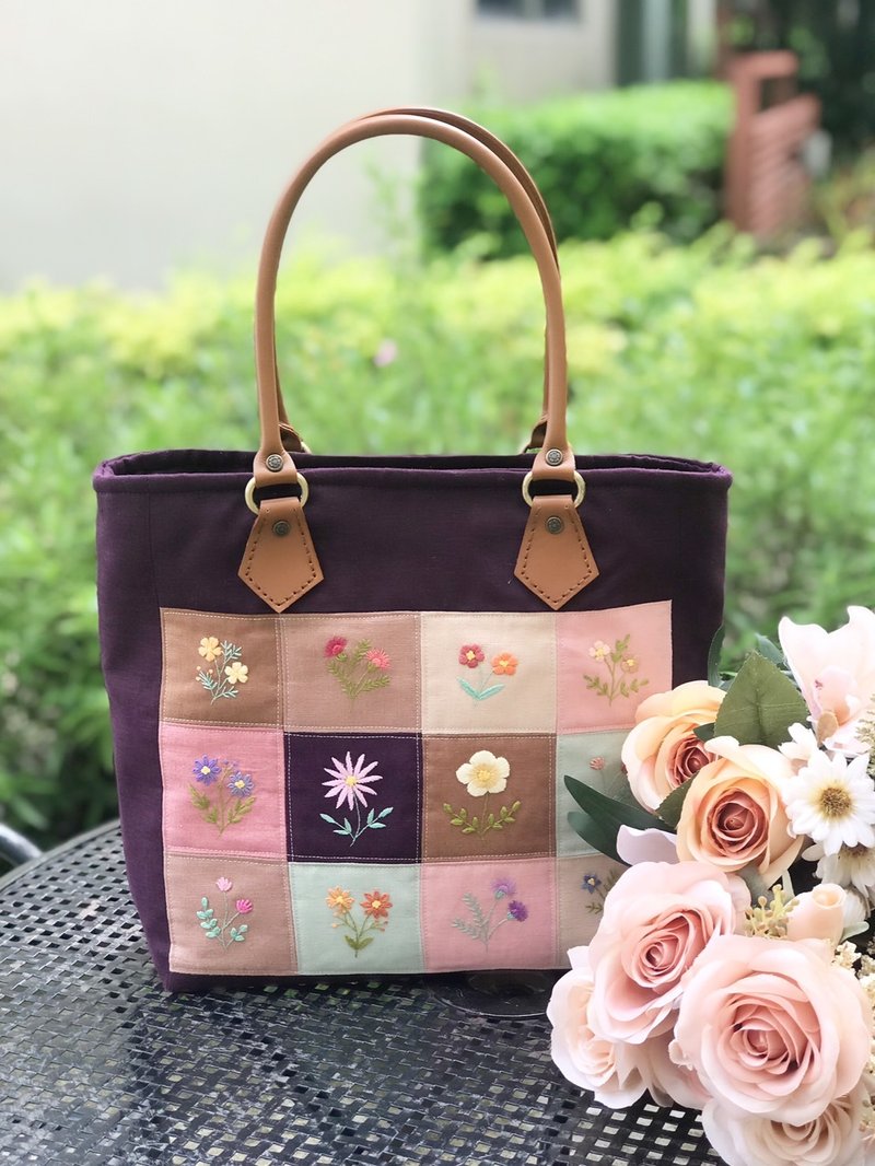 Tote bag,Handbag,EmbroHand-embroidered bag,Fabric bag with leather handle - 手提包/手提袋 - 棉．麻 