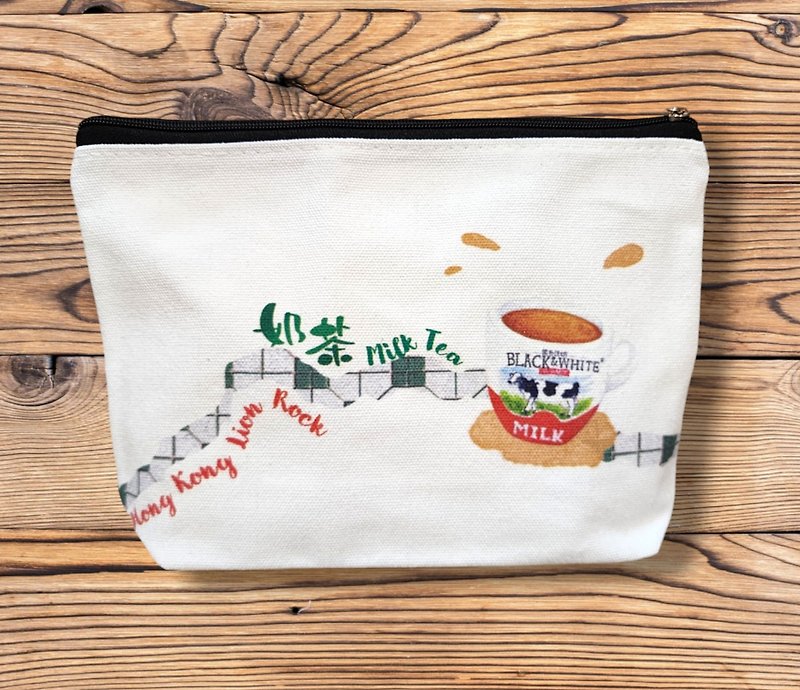 香港茶餐廳系列 黑白奶茶配獅子山影子 拉鏈袋 數碼印花 - 化妝袋/收納袋 - 棉．麻 白色