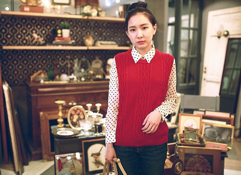 ♣ GT red twist round neck sweater vest - สเวตเตอร์ผู้หญิง - ผ้าฝ้าย/ผ้าลินิน สีแดง