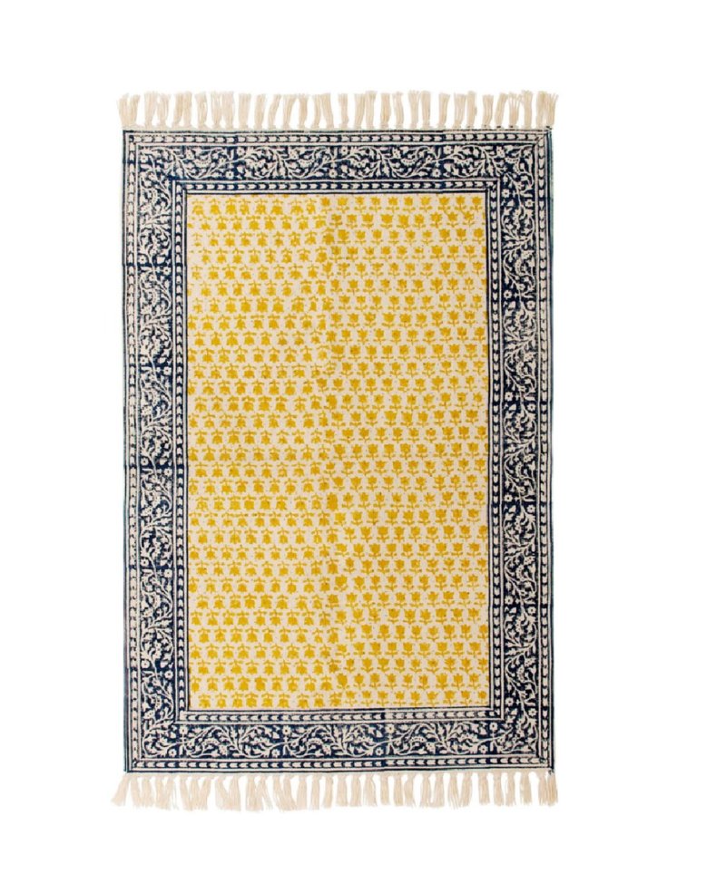 Earth Tree fair trade -- Indian handmade woodblock print floor mat (medium yellow flower) (long) - Rugs & Floor Mats - Cotton & Hemp 