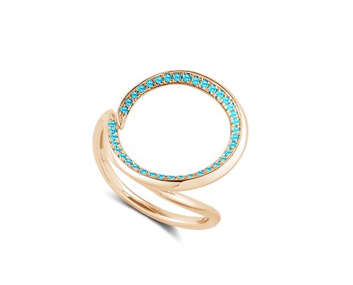 Majade Jewelry Design 藍托帕石圓環結婚戒指 14k黃金另類光環婚戒 獨特業力訂婚指環