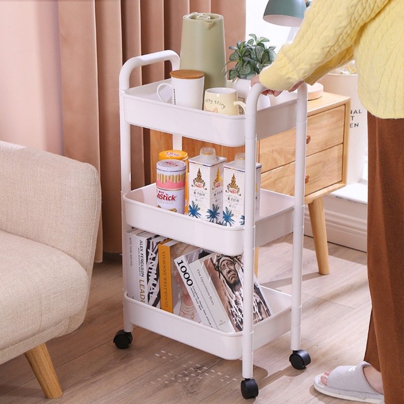 MUJI Simple Three-tier Storage Cart White Blue Plastic Cart Cart Storage Cart Document Cart - เฟอร์นิเจอร์อื่น ๆ - พลาสติก 