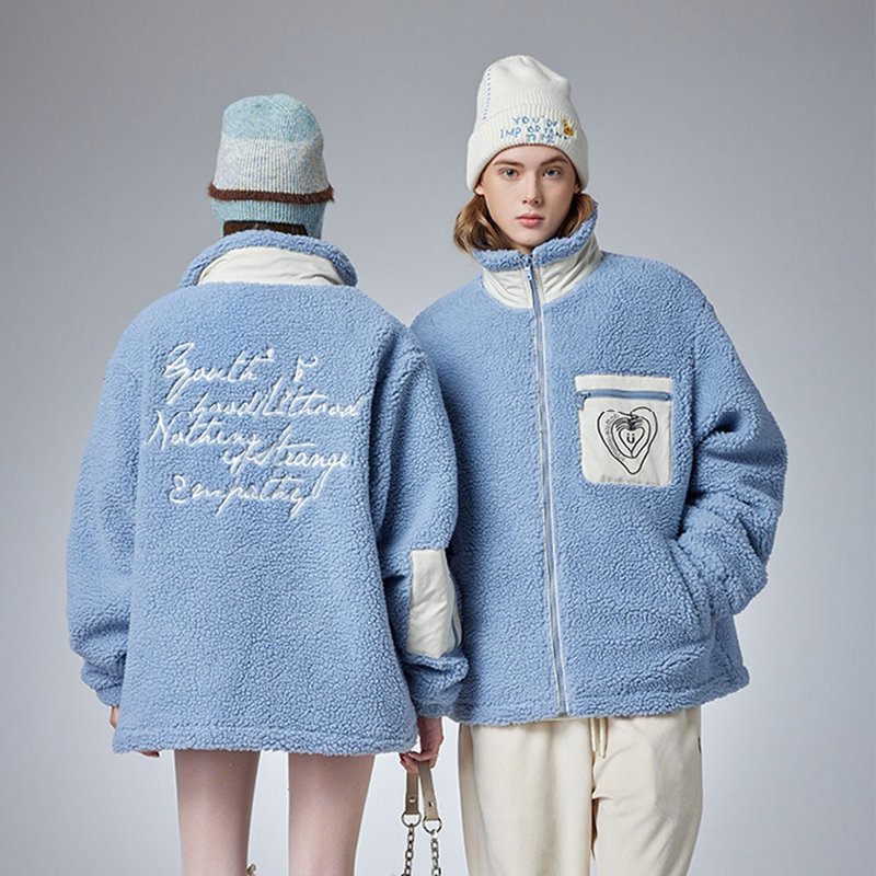 情侶藍色羊羔絨夾克棉服 男士冬季棉衣外套女 - 男夾克/外套 - 其他材質 藍色