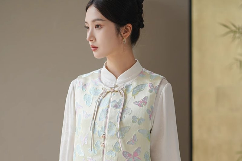 彩蝶錦 新中式中國風提花唐裝背心 - 女上衣/長袖上衣 - 其他材質 綠色