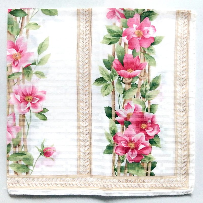 Nina Ricci Vintage Scarf Vine Flowers 22.5 x 22 Inches - 絲巾 - 棉．麻 紅色
