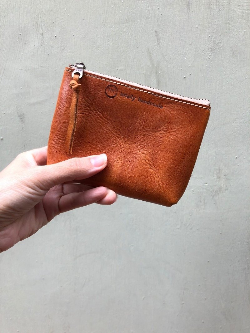 Fat coin purse/card holder Color: red/caramel/dark blue - vegetable tanned cowhide - - Coin Purses - Genuine Leather Brown