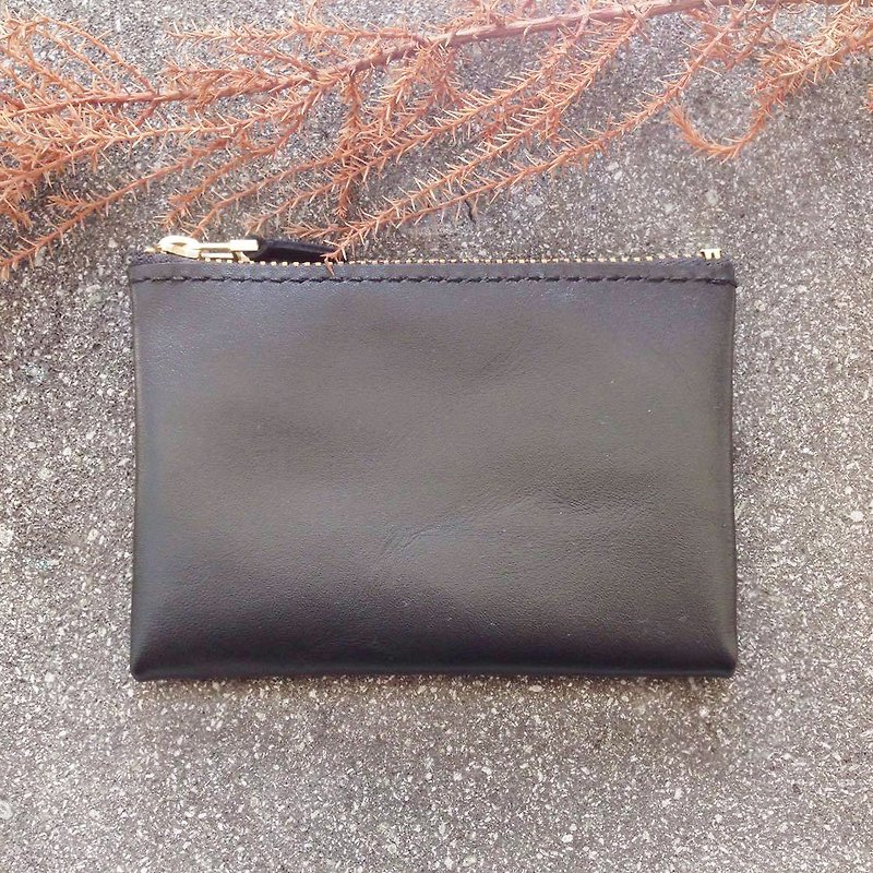 Classic sandwich zipper wallet black sheepskin coin purse - กระเป๋าใส่เหรียญ - หนังแท้ สีดำ