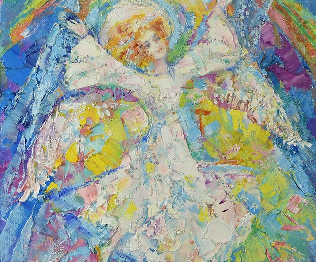 天使の絵 少女 原画 虹 白 天使 小 インパスト 印象派 - ショップ