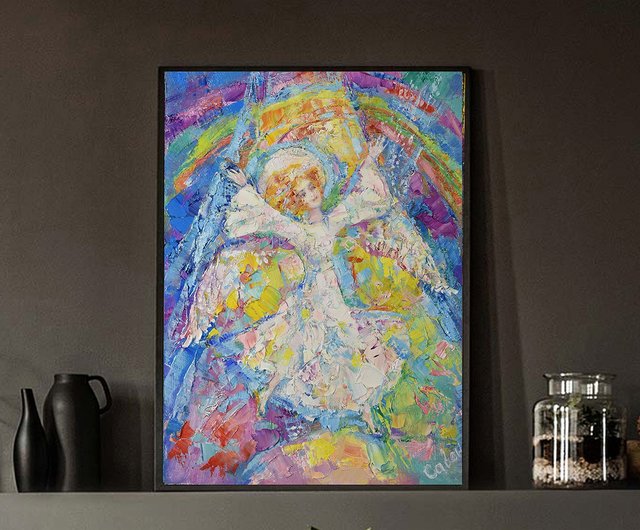 天使の絵 少女 原画 虹 白 天使 小 インパスト 印象派 - ショップ
