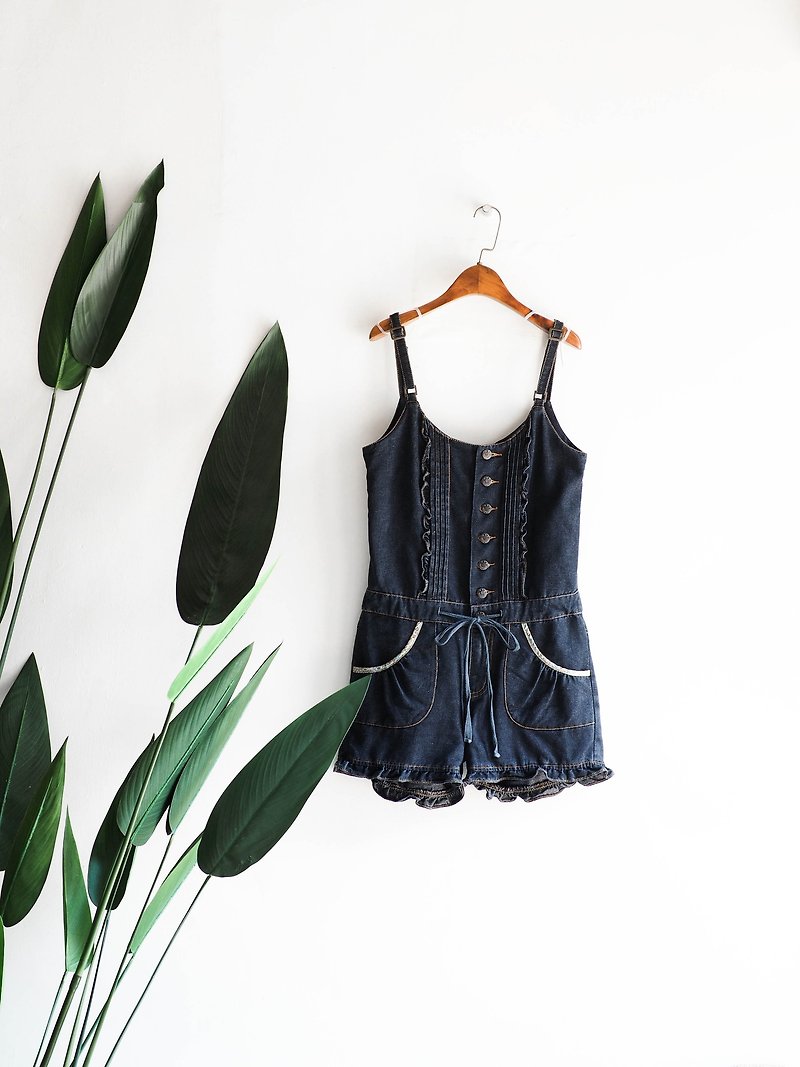 Nara black blue roll lace lace drawstring spring and summer time antiques tannins sling shorts overalls - One Piece Dresses - Cotton & Hemp Blue