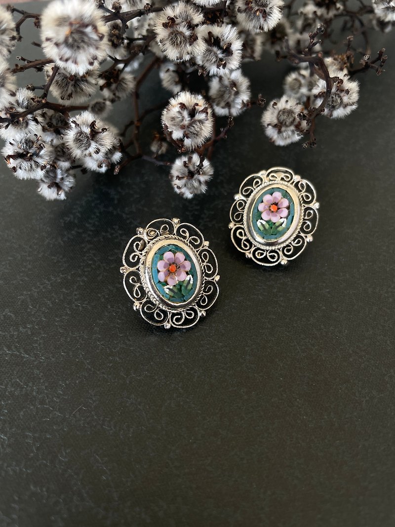 Antique silver lace carved italian mosaic inlaid clip earrings c497 - ต่างหู - โลหะ สีทอง