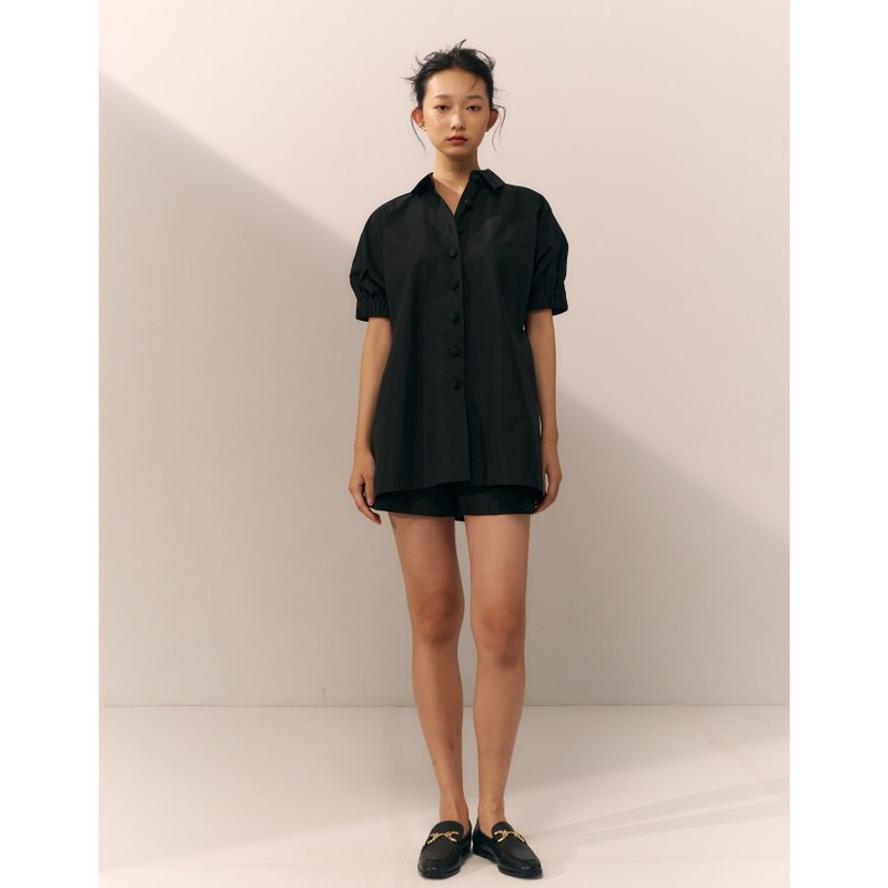 Short-sleeved Shirt Jacket / Black - เสื้อผู้หญิง - วัสดุอื่นๆ สีดำ