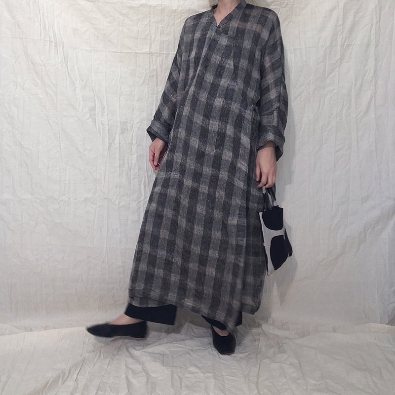 French Linen Long Sleeve Chinese Twill Tunic Coat Grey Brown Plaid - Women's Tops - Cotton & Hemp Khaki