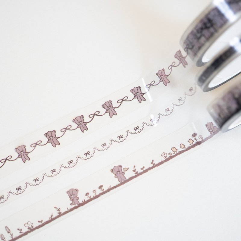 Transparent masking tape (PET tape) - Teddy bear & lace - Washi Tape - Plastic Brown