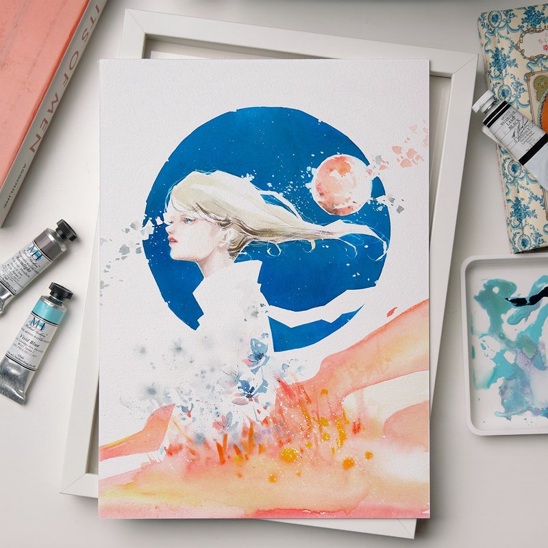 藝術微噴水彩畫 -【藍月與火星融會之時】 - 海報/掛畫/掛布 - 紙 