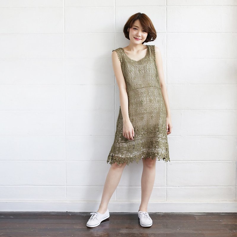 Green Sleeveless Dresses Lace Cotton Petti Bloom - One Piece Dresses - Cotton & Hemp 