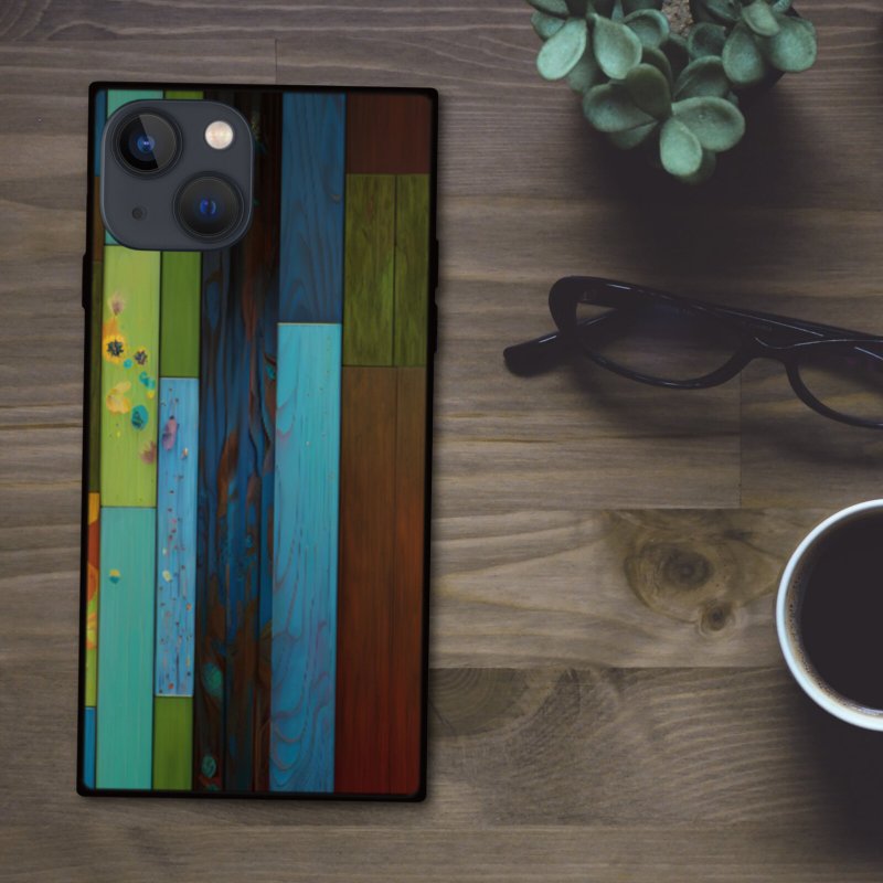 カラフルで色鮮やかな木目調 スクエア型スマホケース【強化ガラス仕上げ】iPhone16 対応 - 手機殼/手機套 - 塑膠 多色