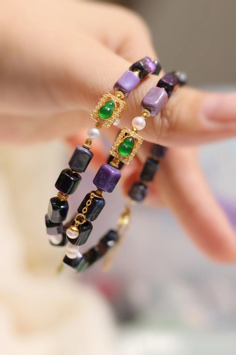 Sugilite original natural Sugilite bracelet with ancient Silver inlaid jade gourd Suji stone bracelet - สร้อยข้อมือ - เครื่องประดับพลอย 