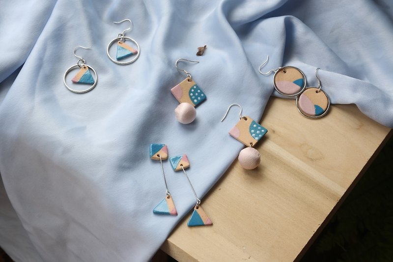 粉藍清新系列陶瓷耳環耳夾純銀 - 耳環/耳夾 - 陶 粉紅色