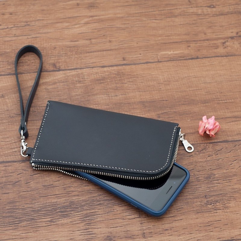 Mobile phone case clutch bag L-shaped zipper genuine leather cowhide iphone hand-sewn leather case gift - ที่เก็บหูฟัง - หนังแท้ สีดำ