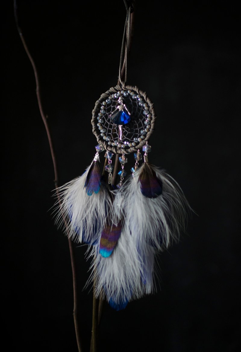 OOAK Dancing Girl Dream Catcher - Small Size Blue Gray Dreamcatcher for Car - ตกแต่งผนัง - งานปัก สีน้ำเงิน