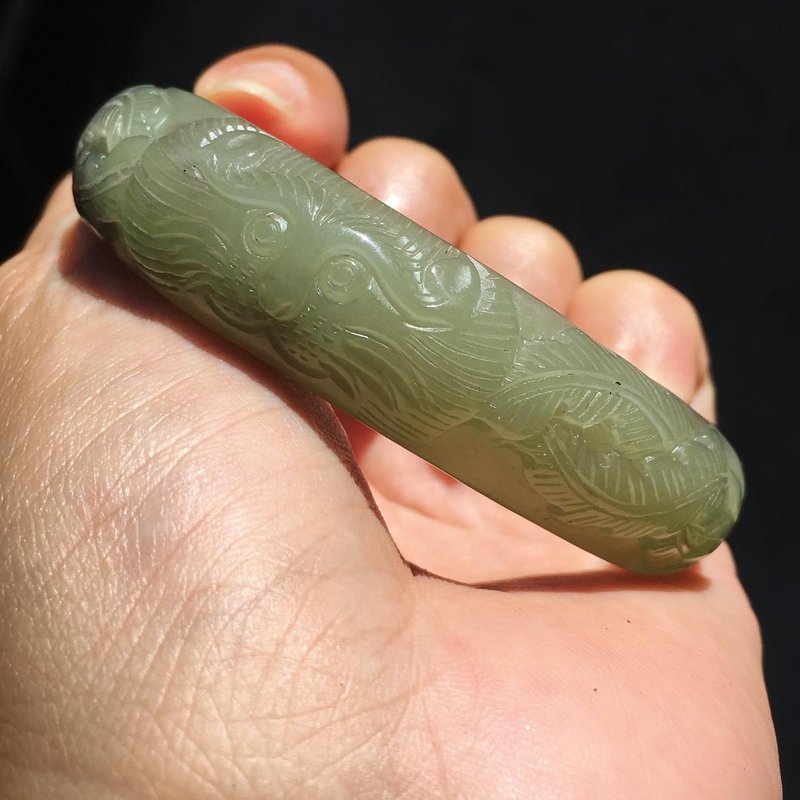 【Lost and find】手工雕刻 神獸 湖水綠 煙紫 和田玉 手鐲 56.9 - 手鍊/手環 - 寶石 綠色