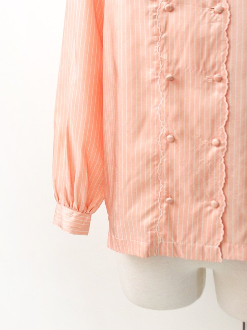 復古蜜桃橘條紋長袖古著襯衫-特 Vintage Blouse - 恤衫 - 聚酯纖維 橘色
