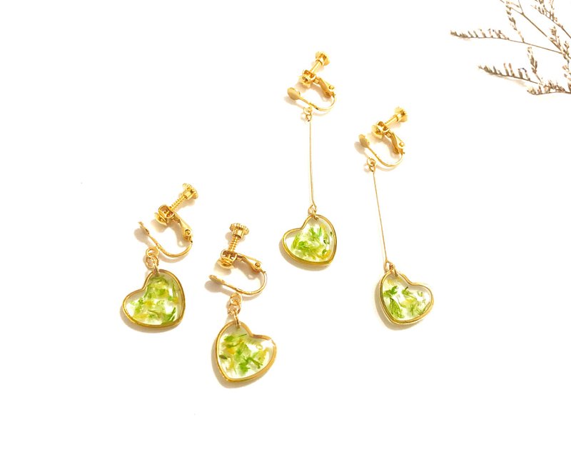 【 花 緋月 】碧綠色愛心款 乾燥花系列 (可改耳夾) - 耳環/耳夾 - 銅/黃銅 綠色