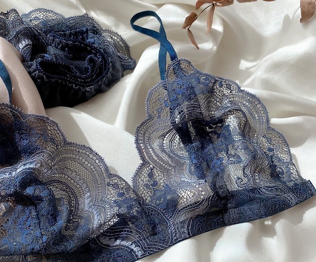 Set of satin lace with lining (bra + panties) navy blue - Shop brababa-lace  Women's Underwear - Pinkoi
