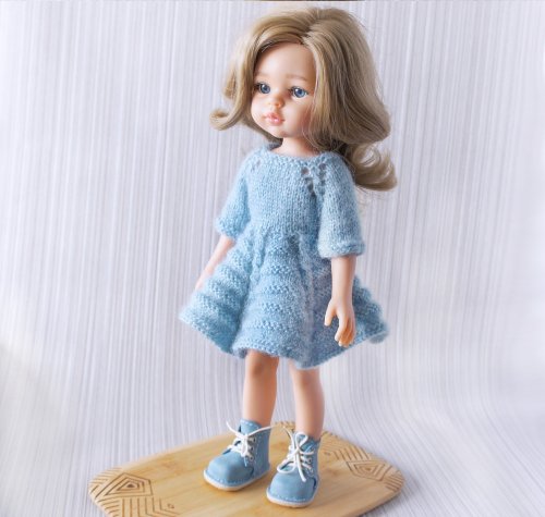 パオラドール　服 パオラレイナニットブルードレス、13インチ人形服、人形ファッション