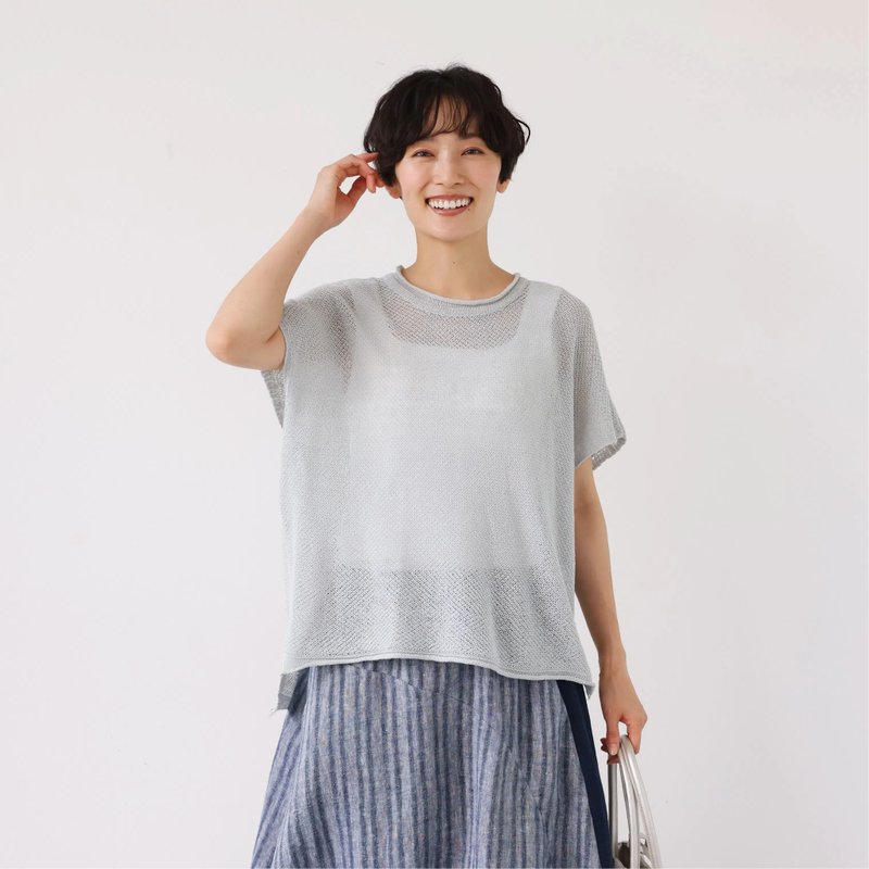 夏も冬も快適  立体編みのリネンコットンニットプルオーバー　　薄い水色　250703-2 - 女毛衣/針織衫 - 棉．麻 