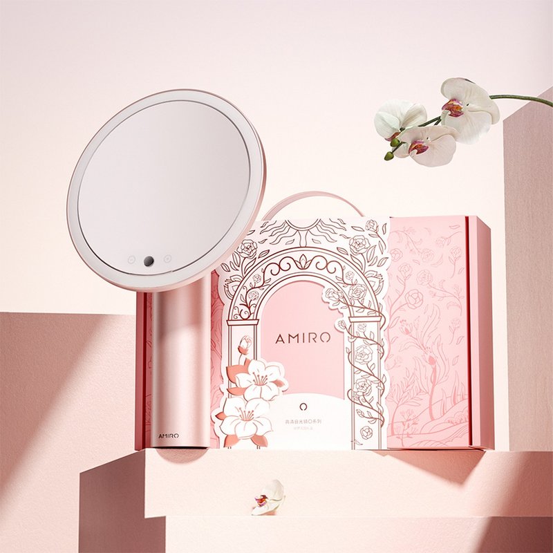 (Additional magnifying glass) AMIRO Oath automatic photosensitive LED makeup mirror-Qimeng Garden Gift Box-Mist Powder - Makeup Brushes - Aluminum Alloy Pink