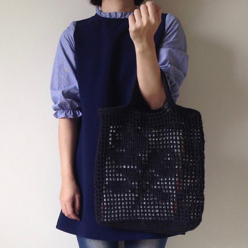 Woven Fabric - Twine Hand Knitting Mesh Bag - Rose (Black) - Handbags & Totes - Cotton & Hemp Black